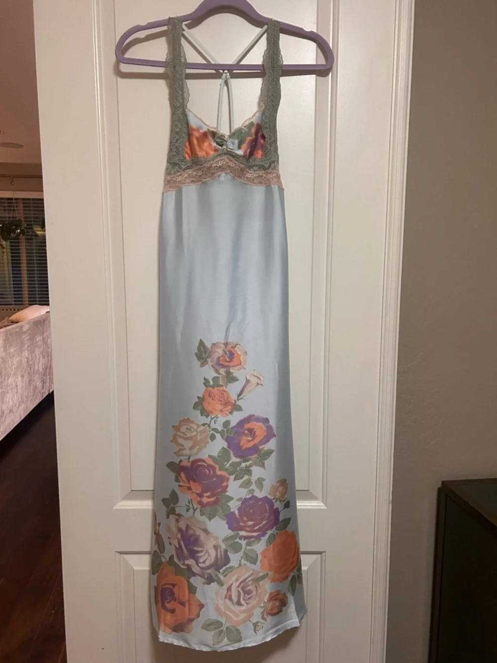 🌸🌺🌼Free People Intimately Light Blue Floral Lace Trim Long Slip Dress🌼🌺🌸 - Picture 4 of 14